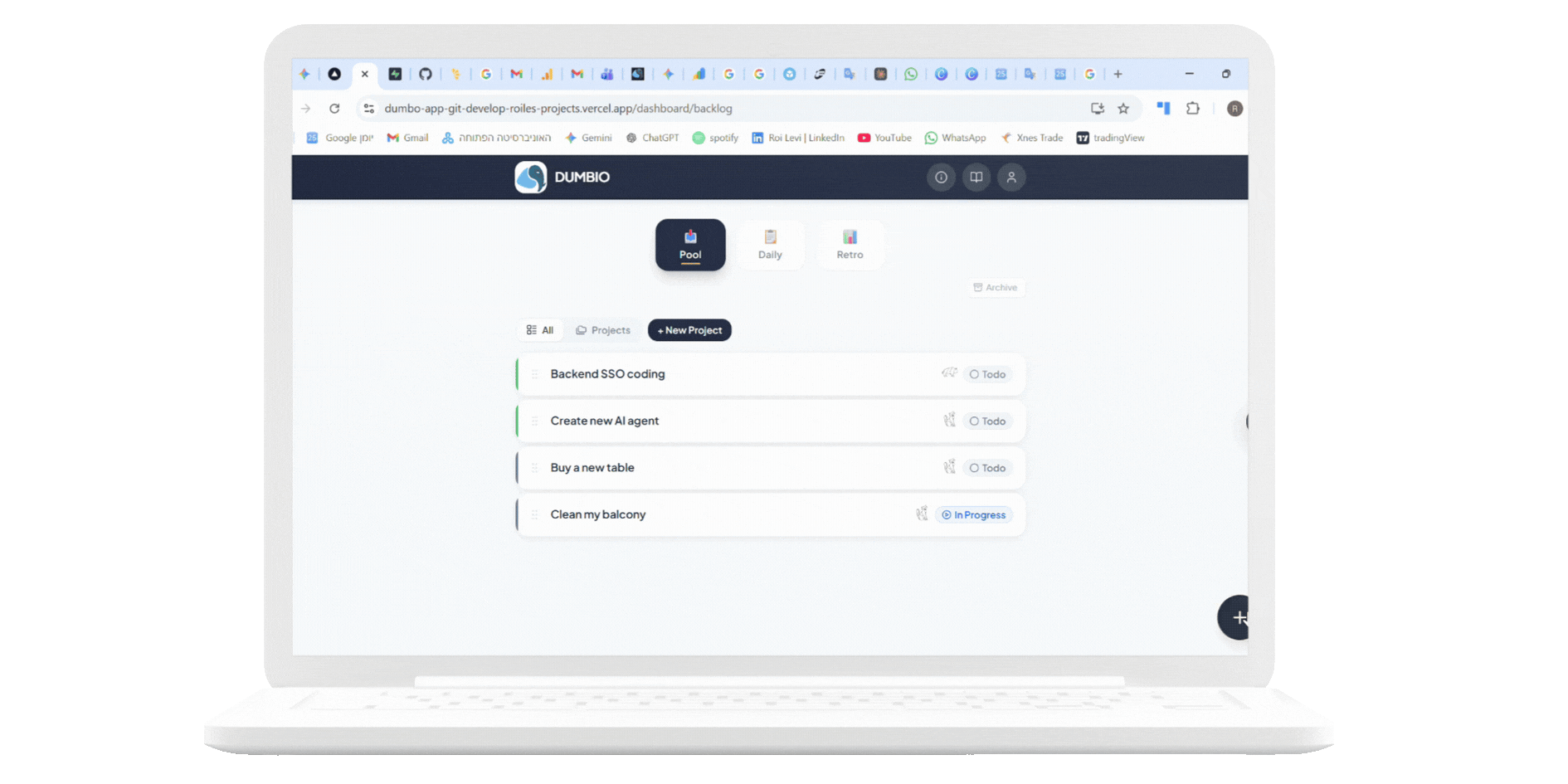 Quick demo of Dumbio on a laptop — building a day plan, sizing tasks with the Animality Scale, and running the Kanban board.