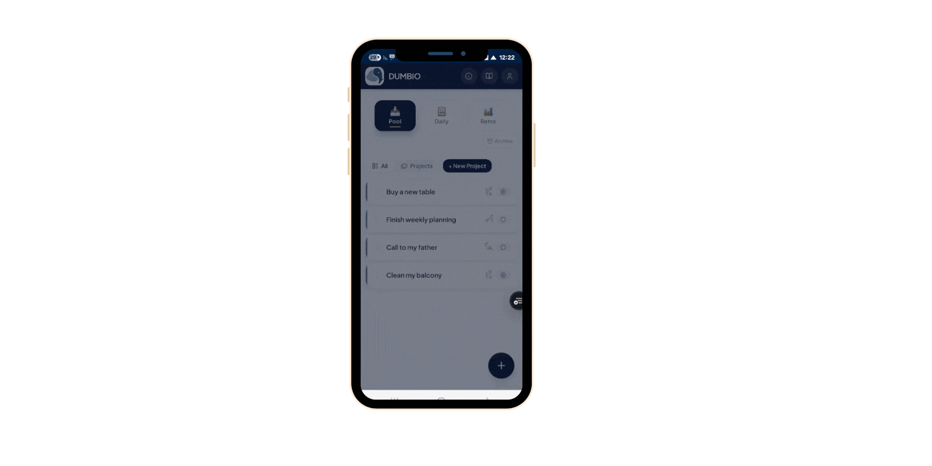 Quick demo of Dumbio on a phone — adding tasks, sizing them with the Animality Scale, and moving them across the Kanban board.